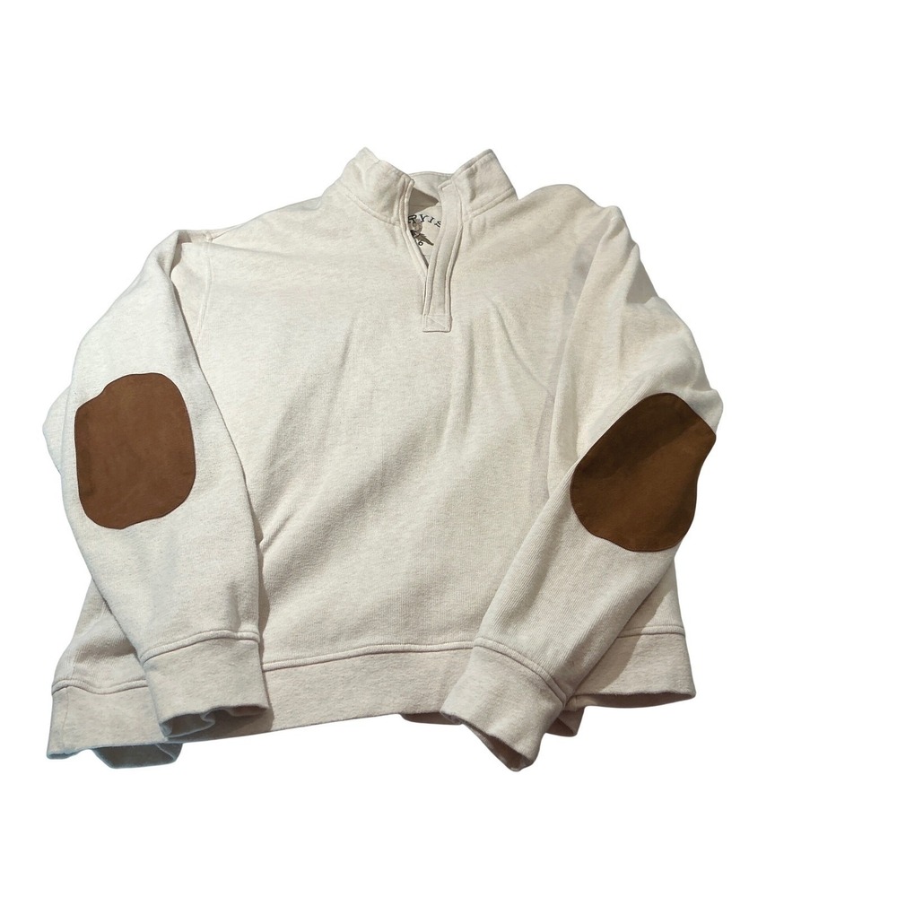 Orvis Mens XXL Quarter Zip Pullover Sweatshirt Oatmeal Cream Elbow Patches 1856